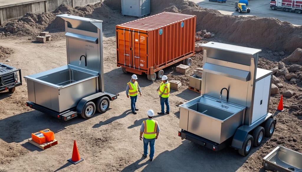 solutions logistiques pour chantiers incluant stations de rinçage et solutions de stockage mobile, optimisant l'organisation et la sécurité sur site.