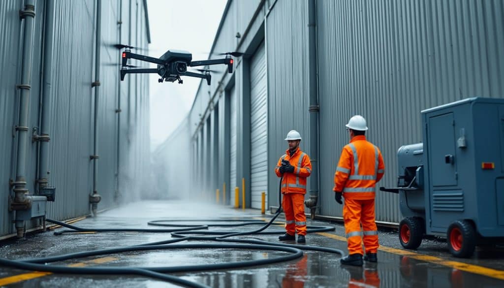 découvrez les étapes d’une intervention de nettoyage industriel par drone, de la préparation du site à la pulvérisation, en toute sécurité.