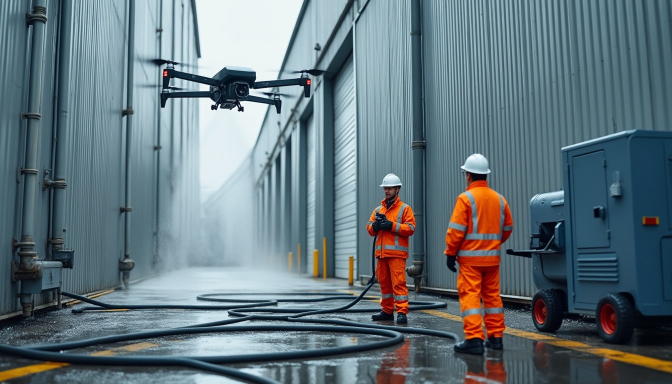 découvrez les étapes d’une intervention de nettoyage industriel par drone, de la préparation du site à la pulvérisation, en toute sécurité.